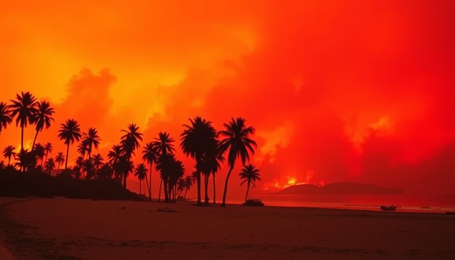 Wildfire burning near a beach with silhouetted palm trees.