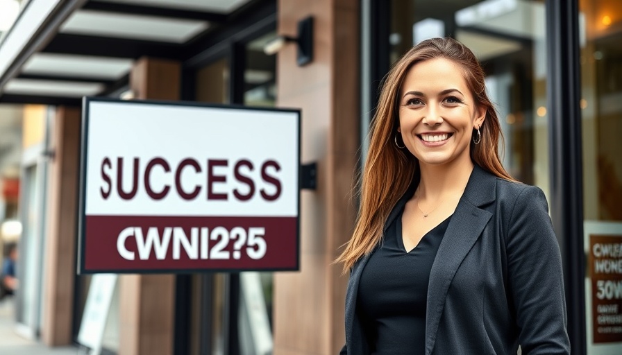 Business owner standing beside her company sign, showcasing growth through SBA 504 Loan for Strategic Expansion.