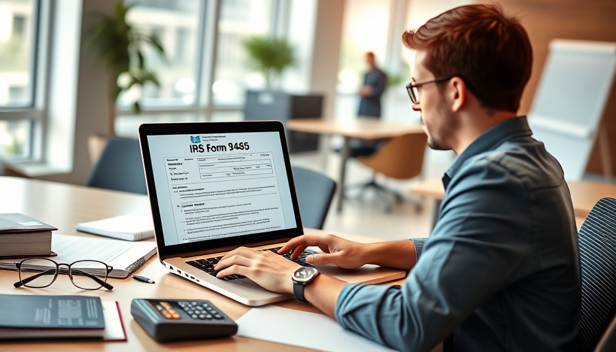 Person completing IRS Form 9465 on a laptop with office supplies.