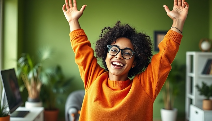 Joyful woman celebrating business loan approval in home office, June 2024.