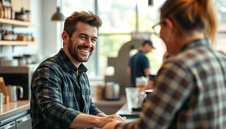 Friendly barista serving coffee in sunny cafe, merchant cash advance.
