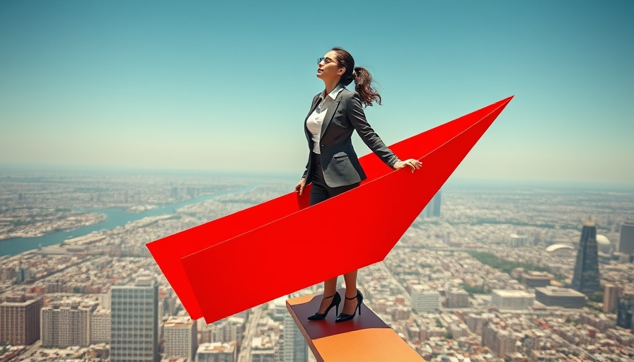 Woman on paper airplane depicting divergent thinking for business competitiveness.