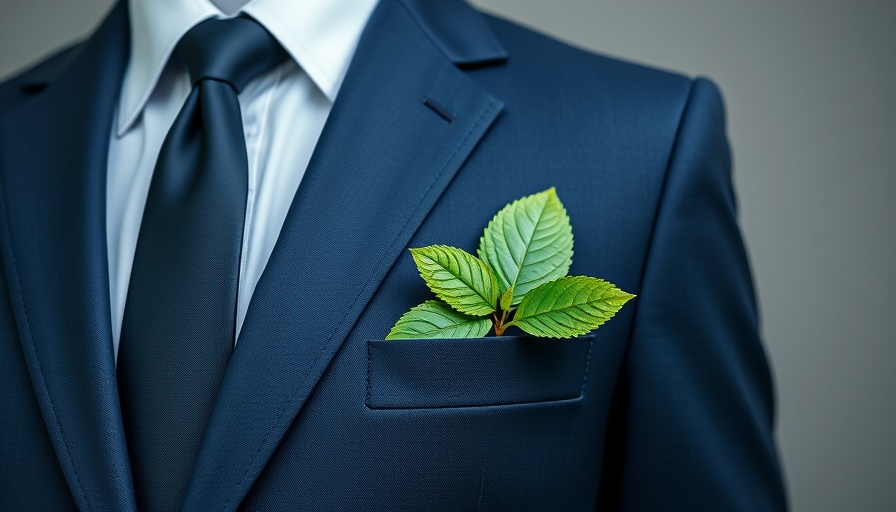 Blue suit with a green leaf in pocket symbolizing small businesses and the circular economy.