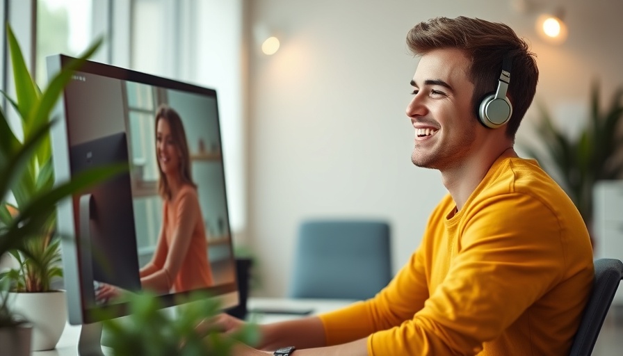 Smiling man in virtual meeting using hybrid workplace technology solutions.