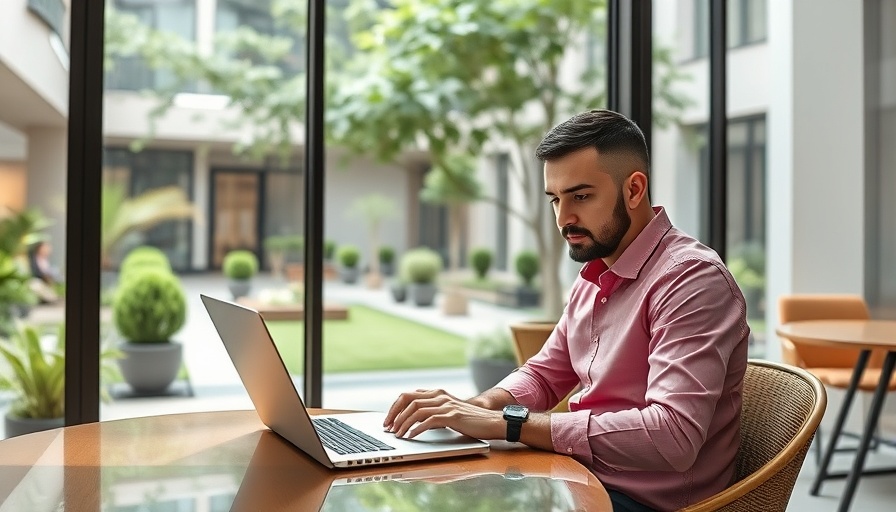 Man collecting prospect information on laptop in cafe.