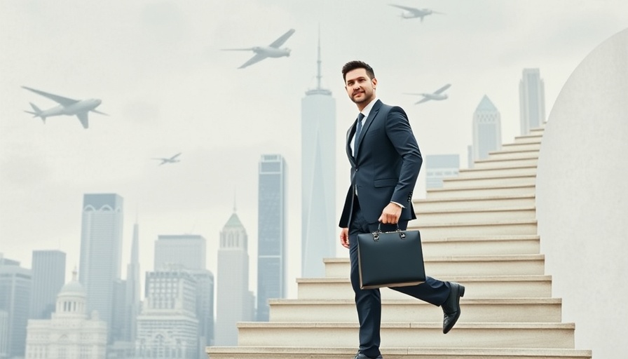 Businessman planning career path with city in background