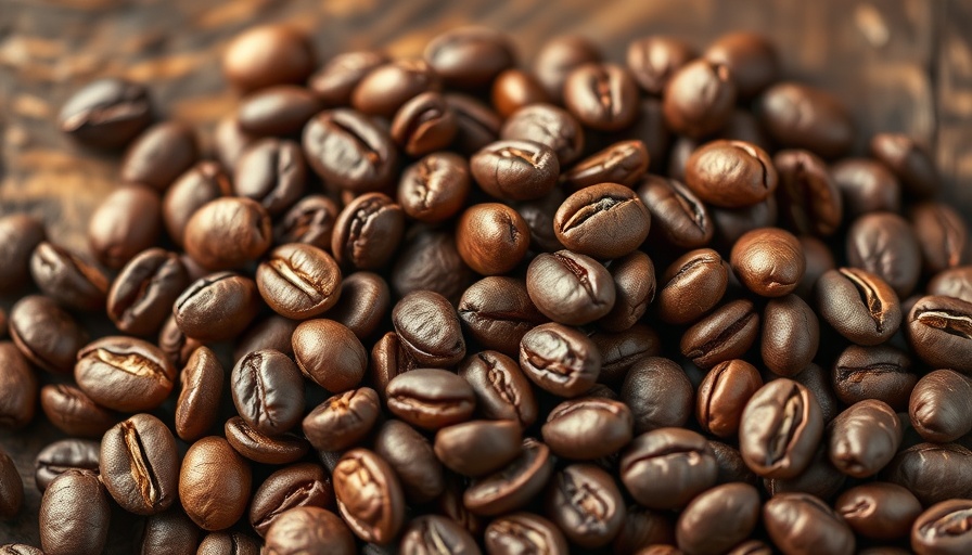 Arabica coffee beans on wooden surface, highlighting record-high prices.