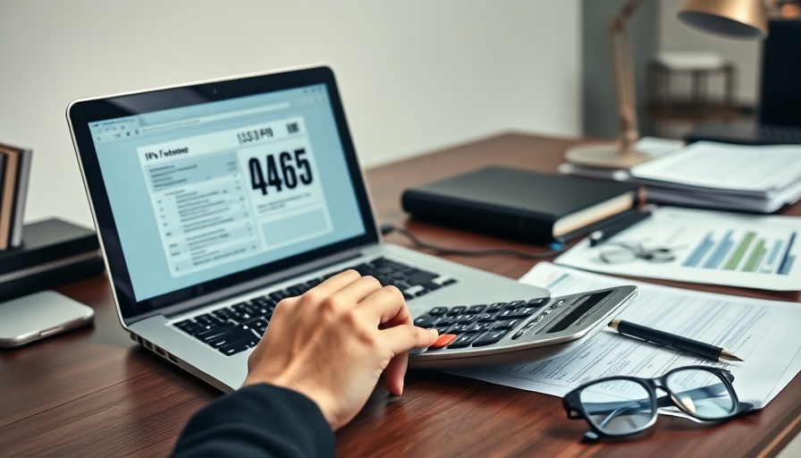 IRS Form 9465 on laptop in office setting with calculator and documents.