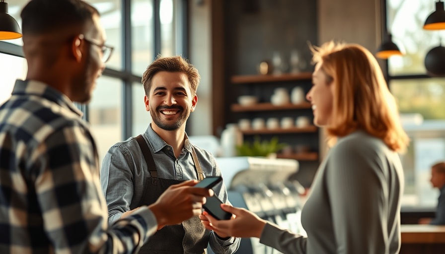 Barista and customer transaction in sunlit cafe, Merchant Cash Advance context.