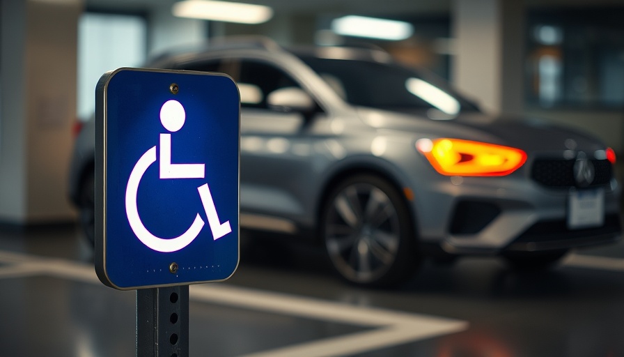 Metallic handicap parking sign with blurred car and bokeh lights, highlighting importance of accessibility.