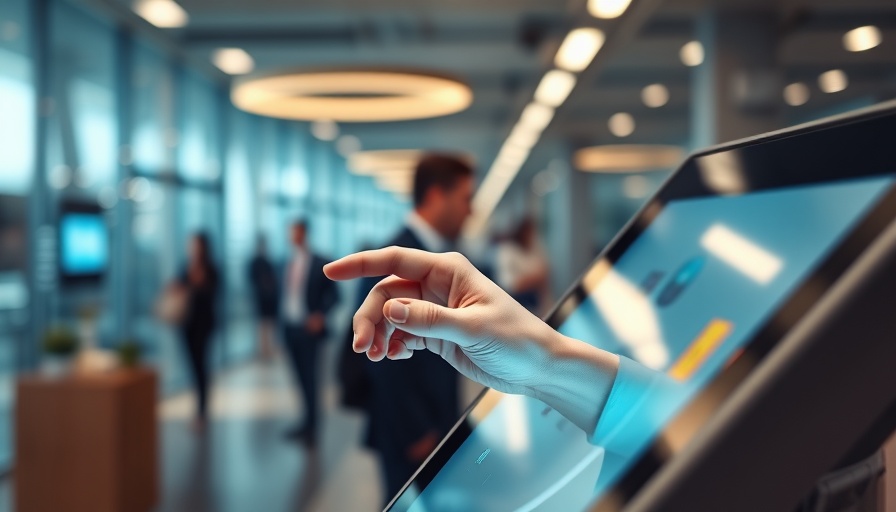 Person using a touchscreen kiosk in a small business setting.