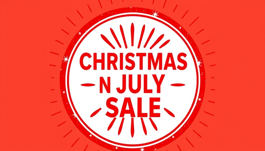 Christmas in July marketing badge with sale text and sunburst design.