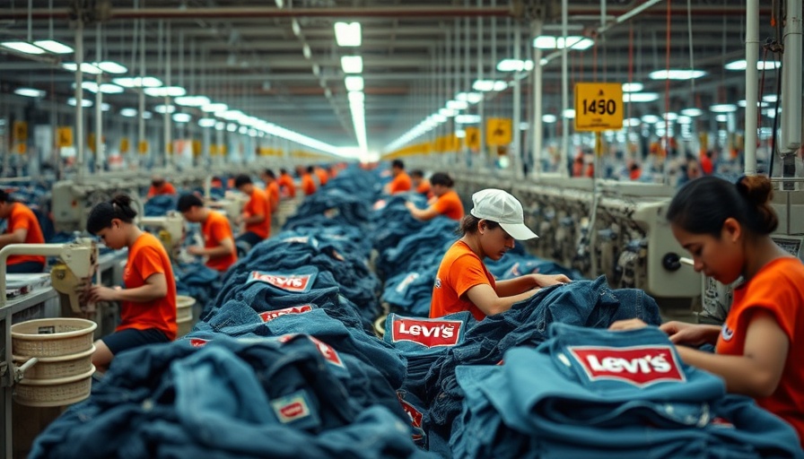 Levi Strauss factory workers handling denim garments, vibrant setting.