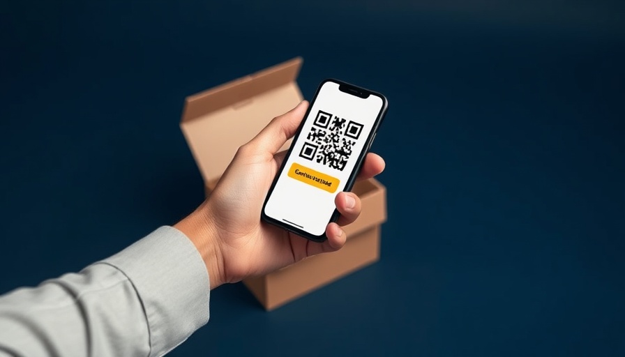 Hand scanning QR code with phone for inventory management.