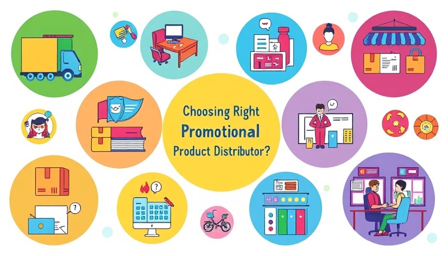 Icons illustrating choosing the right promotional product distributor, various business themes.
