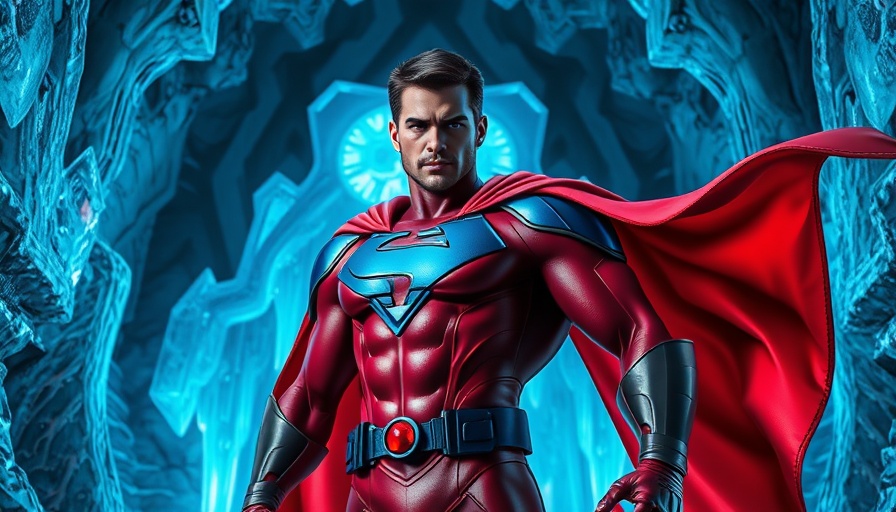 Superman standing confidently in icy chamber, photorealistic background