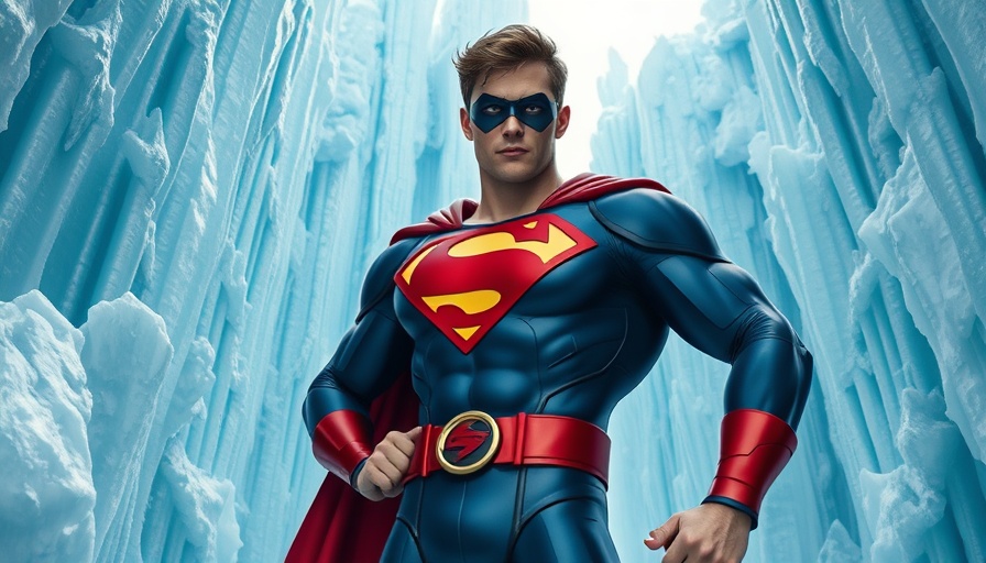 Superhero stands confidently in futuristic ice fortress, blue tones.