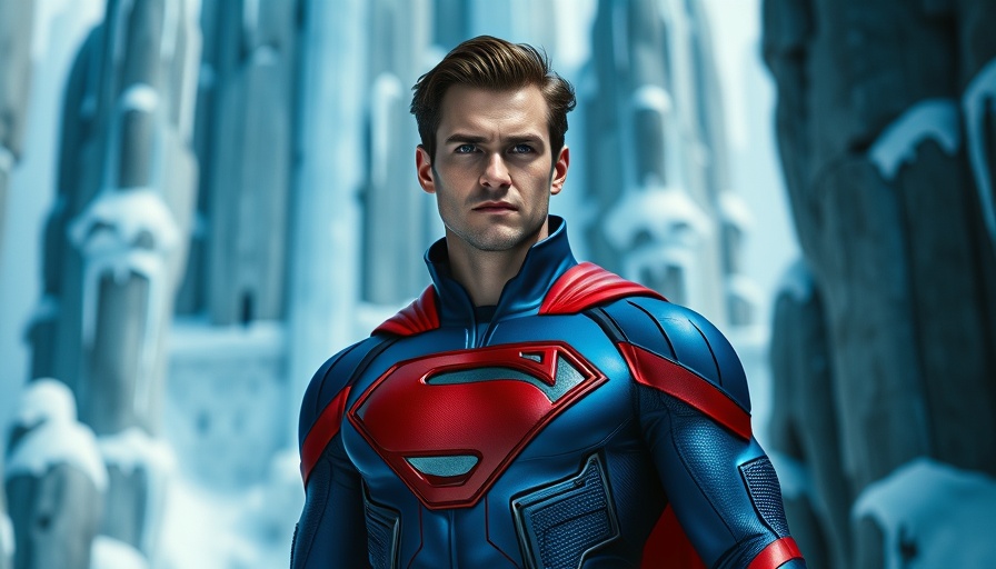 Superman standing confidently in icy fortress, cinematic scene.