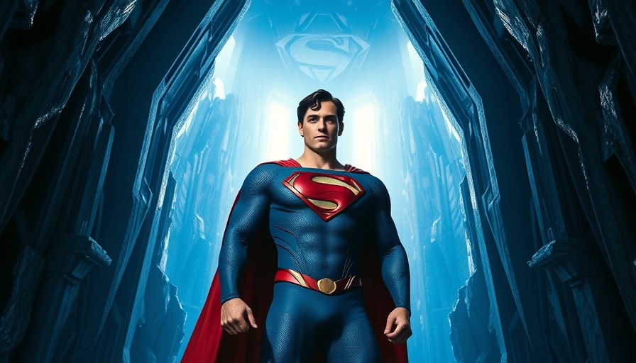 Superman stands confidently in the Fortress of Solitude, preview image for box office opening weekend.