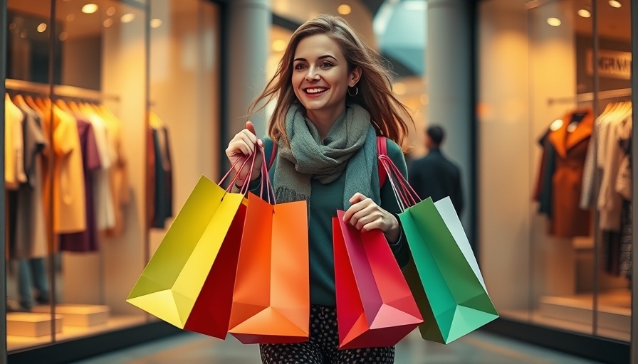Successful shopper carrying colorful bags outside a store, indicating physical store success.