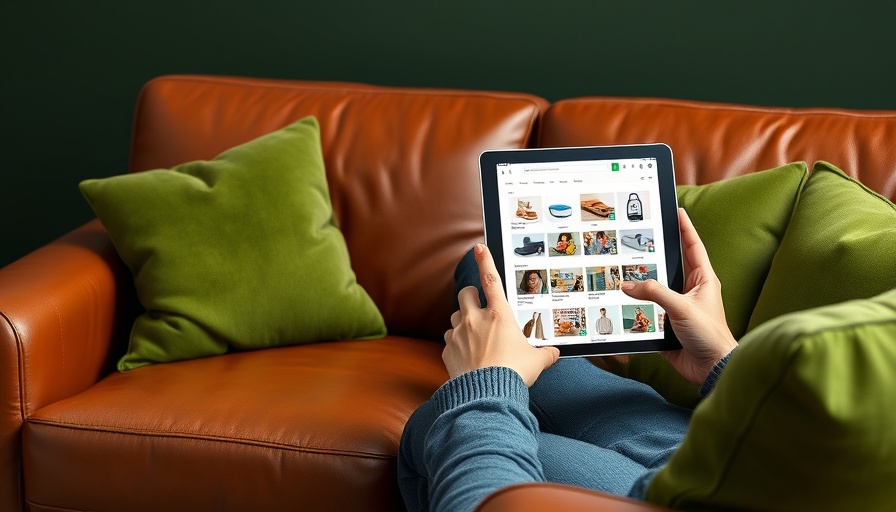 Digital store operations with sofa display on green background.