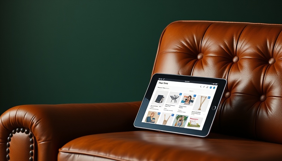 Tablet showing smart home store inventory next to vintage sofa.