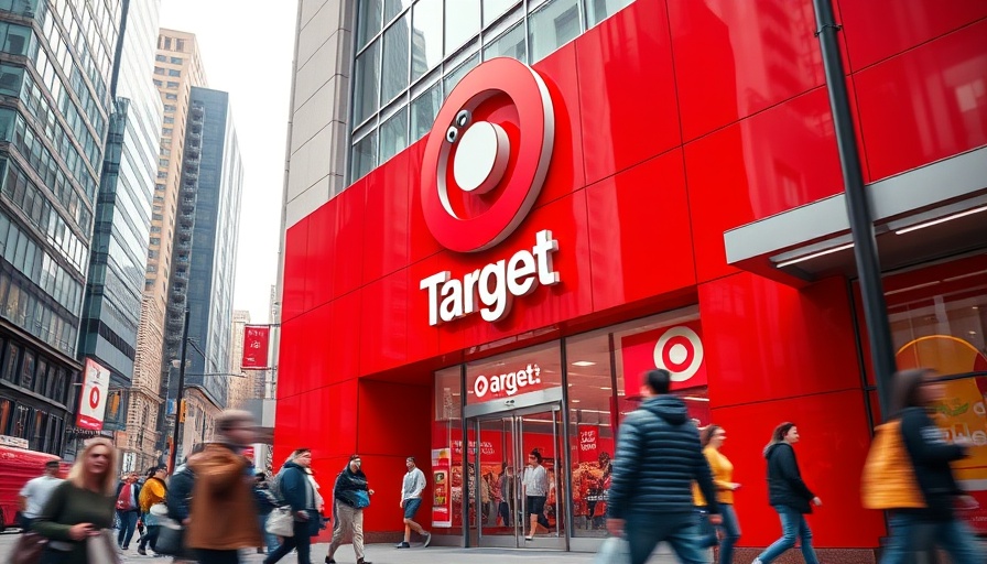 Target storefront showcasing brand identity with logo and mascot, busy urban street.