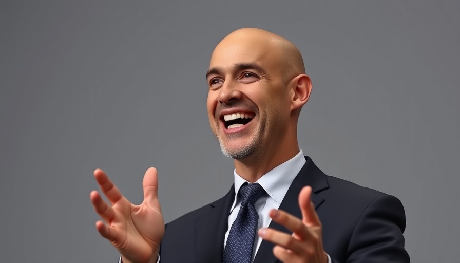 Smiling man speaking energetically at a business event.