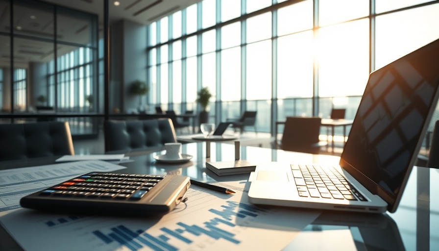 Modern office desk with financial charts and invoice factoring tools.