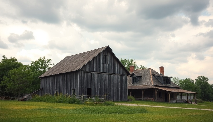 Rustic barn and farmhouse with lush greenery promoting farm management companies.