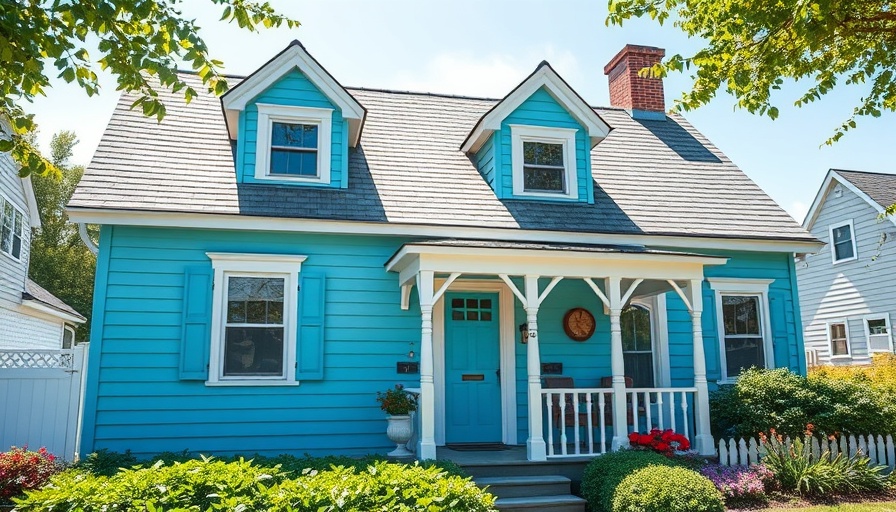 Charming candy-blue cottage on Martha's Vineyard surrounded by greenery.