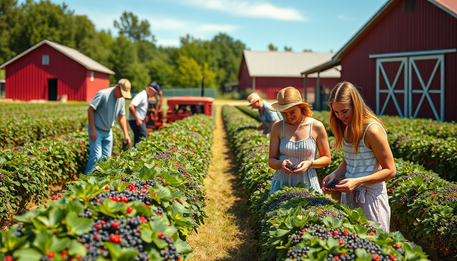 Crowd picking berries at a U-pick farm with tractor in the background, highlighting millennials killing U-pick farms.