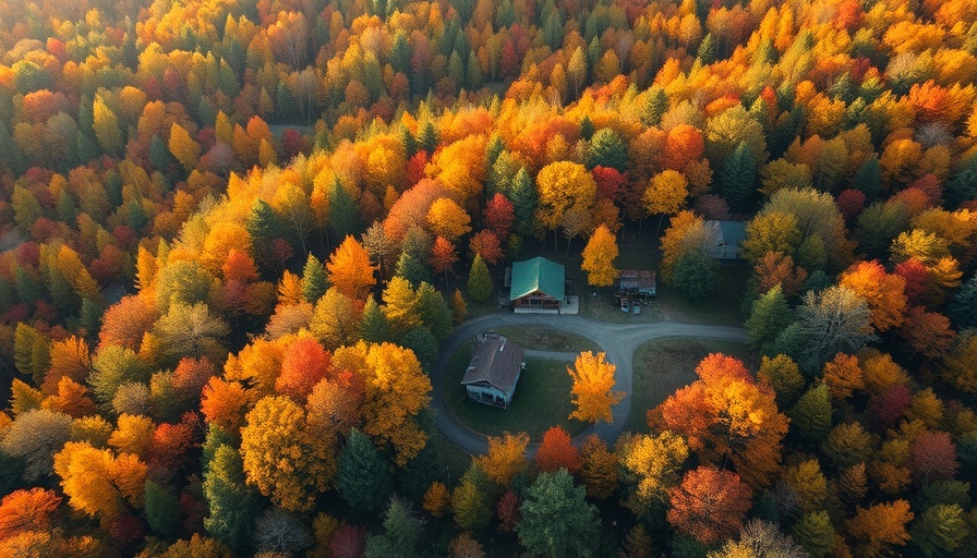 Aerial view of off-grid living in Maine during fall