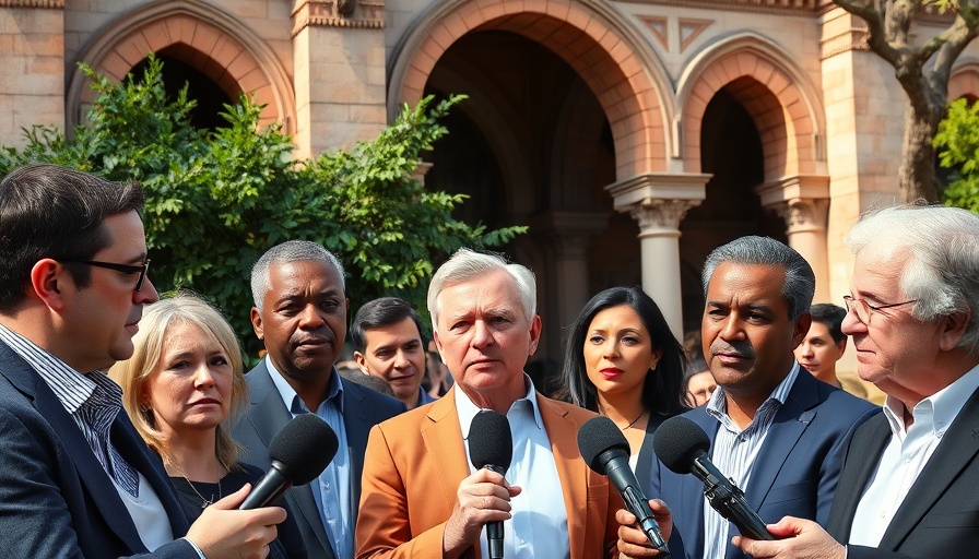 Group of professionals addressing media on California voter ID campaign.