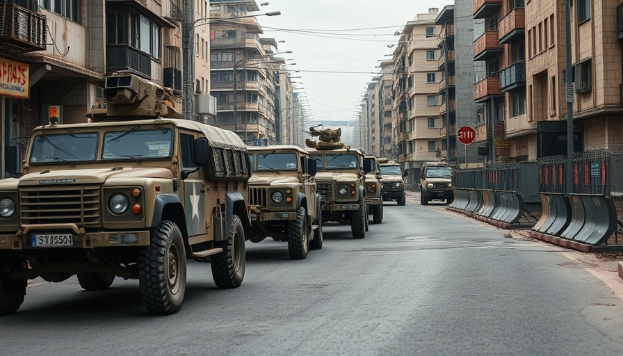 Military vehicles convoy on urban street, Afghanistan.