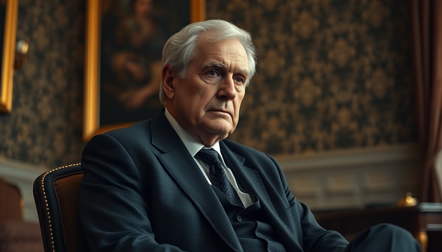 Solemn man in suit seated thoughtfully, elegant room setting.