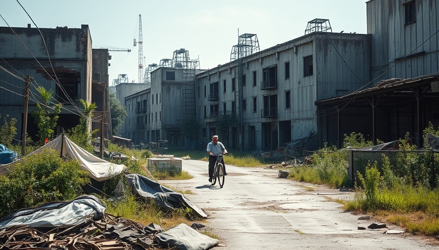 Decaying urban scene with bicycle and damaged buildings in Ukraine.