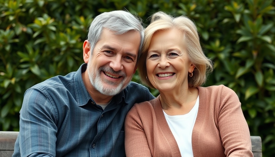Middle-aged couple smiling in a garden setting with greenery.