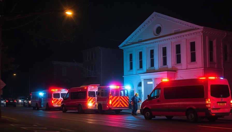 Community honors victims of Fall River fire with emergency vehicles at night.