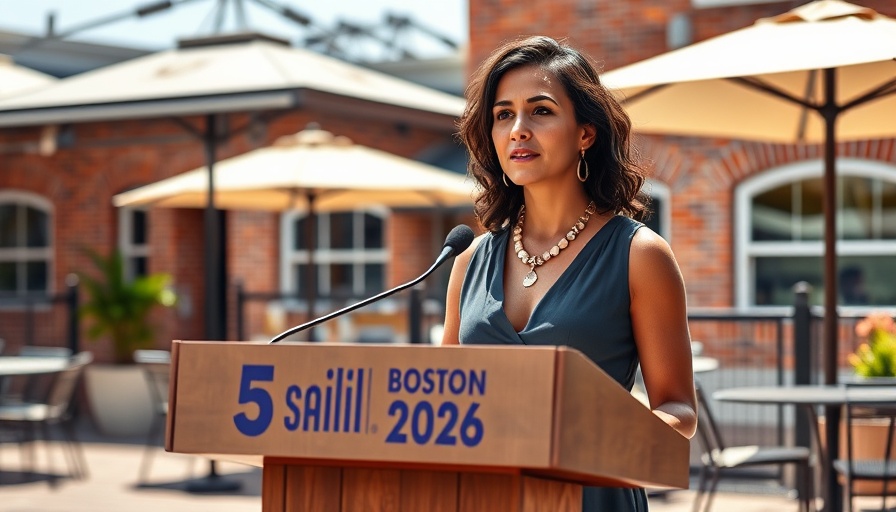 Confident woman at Sail Boston 2026 podium, outdoor event.