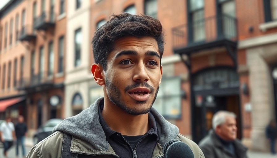 Young man discussing East Boston building collapse in a street interview.