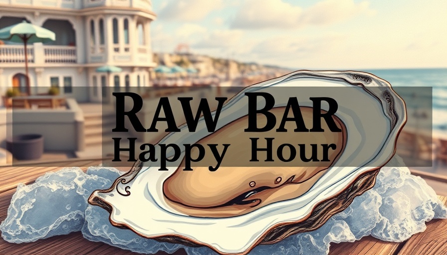 Vintage oyster happy hour promo in coastal setting.