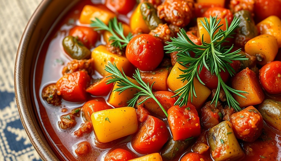 Vibrant vegetable dish with tomato sauce and dill.