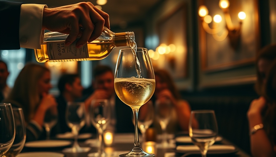 Pouring white wine into a glass, highlighting classy setting.