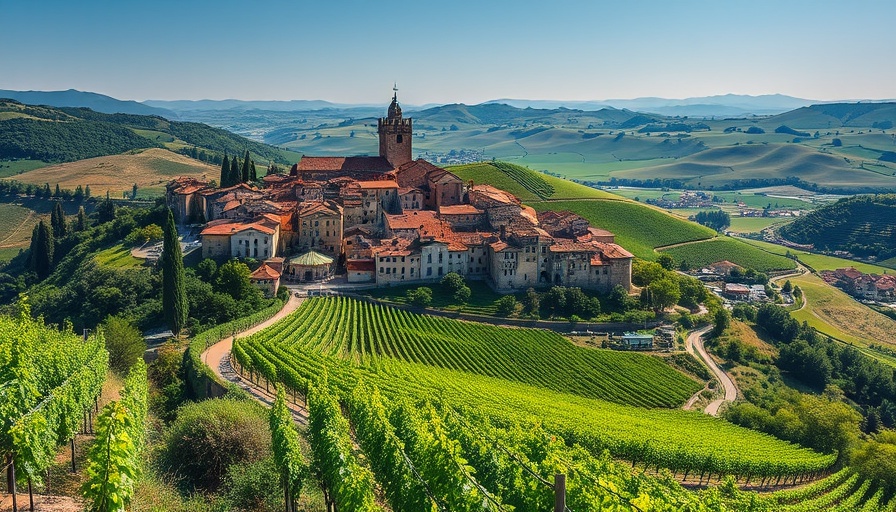 Panoramic view of medieval town and vineyards.