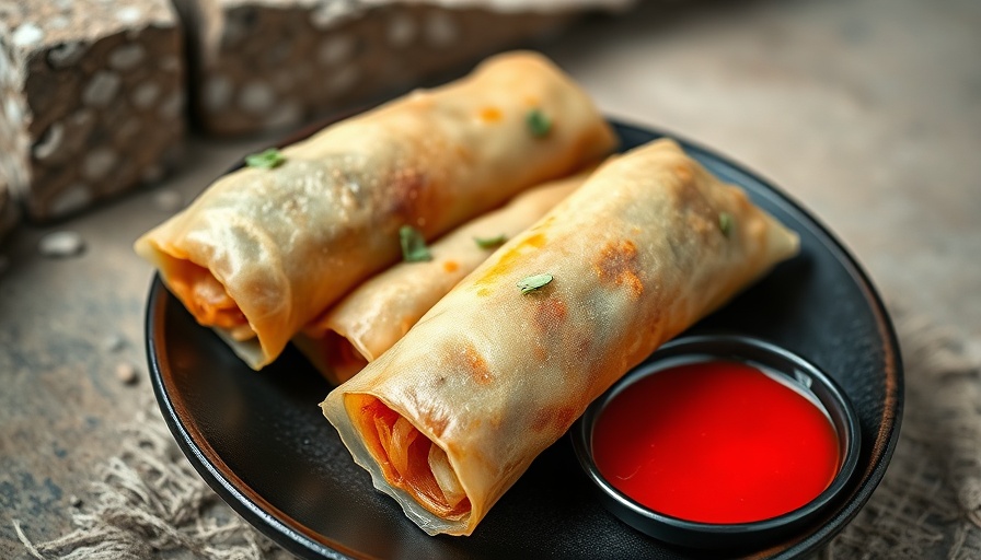 Crispy spring rolls with dipping sauce, showcasing texture and ingredients.