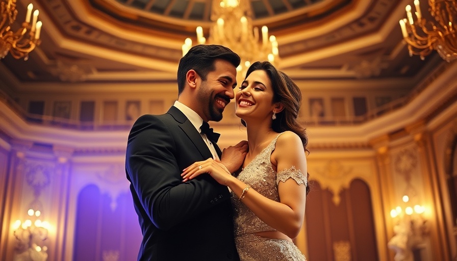 Materialists romantic comedy scene, elegant couple dancing in ornate ballroom.