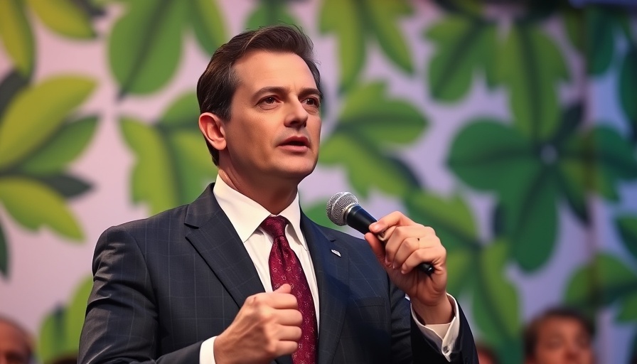 Man giving speech at event in a suit, vibrant setting.