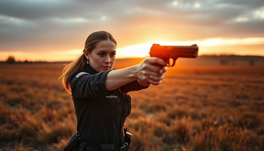 Determined officer aiming gun in rural field, 'Fall is a good time to die Dalton Coffey'.