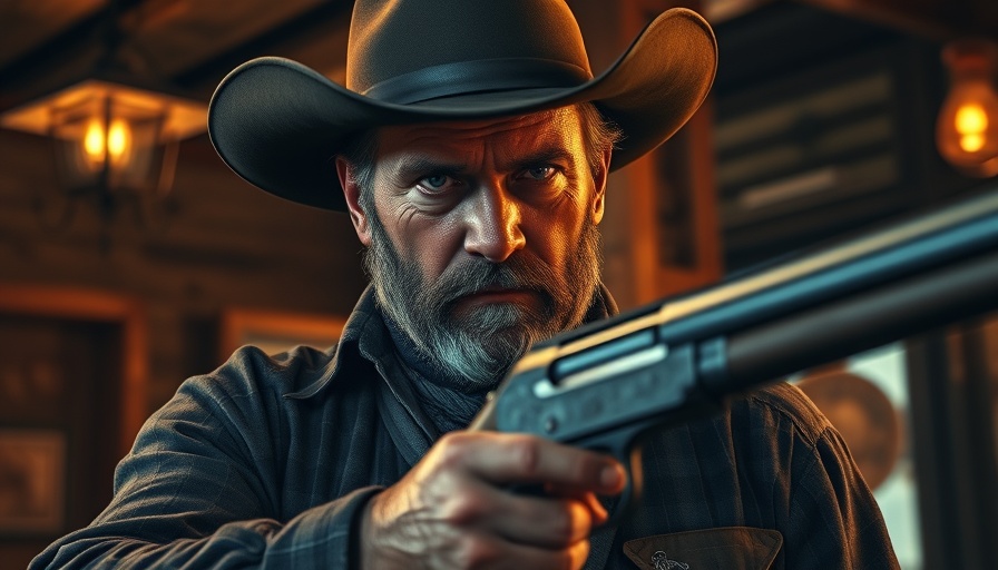 Impact of Unforgiven scene with cowboy holding shotgun.